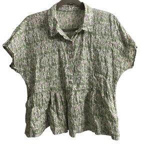 100% Linen Floral Peplum Button Up Top Green White Babydoll  RN 75343‎ Lagenlook